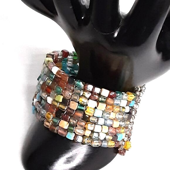 Chunky Cuff Bracelet Multicolor Glass Seed Beads - Picture 2 of 8